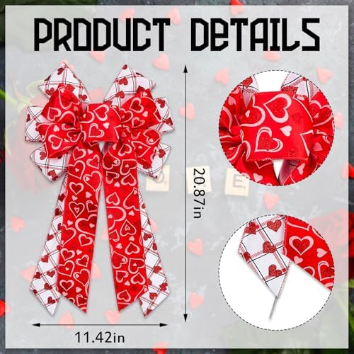 Large Wreath Bow, Large Red White Plaid Burlap Bow with Heart Decorations, 11.42"x20.87" Bow for Wreath Tree Topper Wedding Party Indoor Outdoor Romantic Home Decor