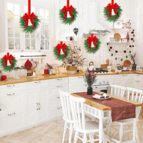 YoleShy 8 Pcs Small Christmas Wreath 12" Mini Wreaths for Cabinets, Small Wreath with Berry & Red Velvet Bow Ribbon, Window Wreaths Christmas Cabinet Wreaths for Kitchen Front Door Chair Wall