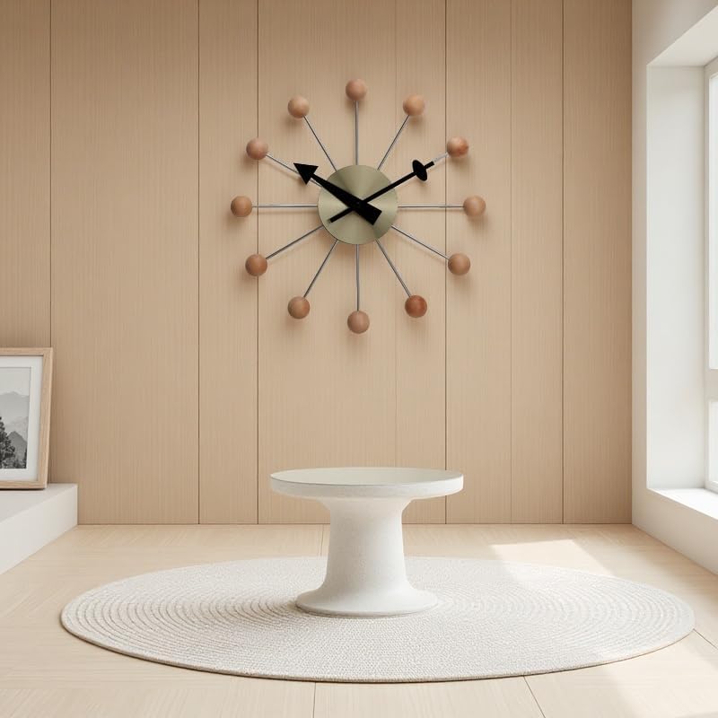 NUOVO 13 Inch Wood Ball Wall ClockMulticolor Mid Century Creative Silent Quartz Personality Funny Decorative Home