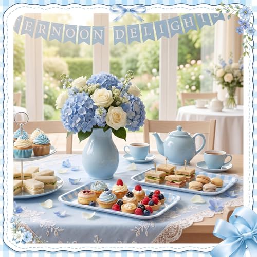Vesici 3 Pcs Light Blue Gingham Serving Trays 13 x 10 Inch Melamine Platter