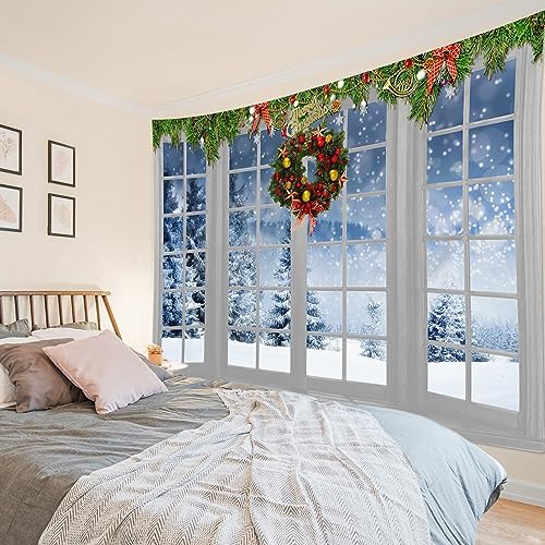 HVEST Winter Tapestry Wall Hanging Snow Pine Tree Forest outside Window Wall Art for Bedroom, Christmas Wreath and Green Pine Branch Tapestry for Living Room Dorm Wall Decor, 51L X 59W inches