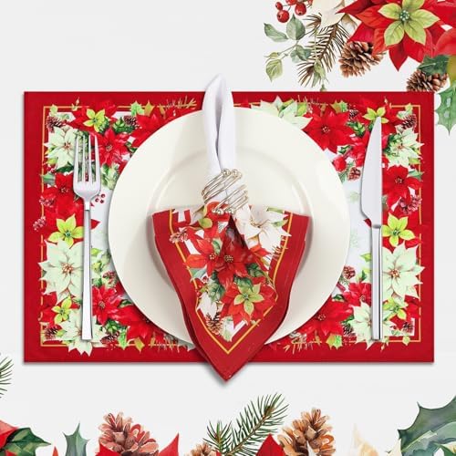 Christmas Poinsettia Cotton Cloth Napkins, Red, 18×18 in, Set of 4
