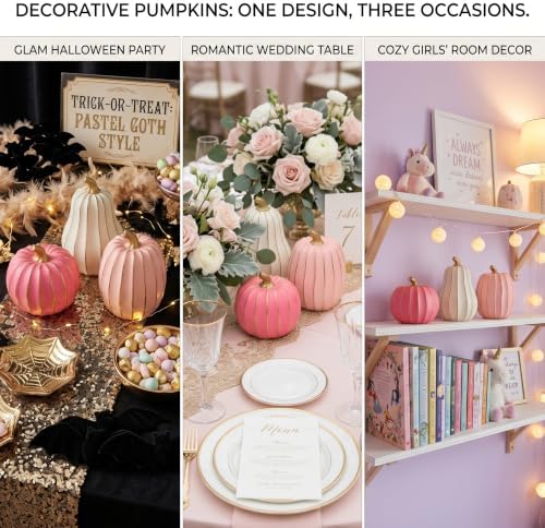 White Pink and Gold Pumpkin Decor, 3Pcs Resin Pumpkin Figurines Fall Decor