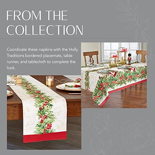 Elrene Home Fashions Holly Traditions Fabric Bordered Napkins, 17 Inches x 17 Inches, Set of 4