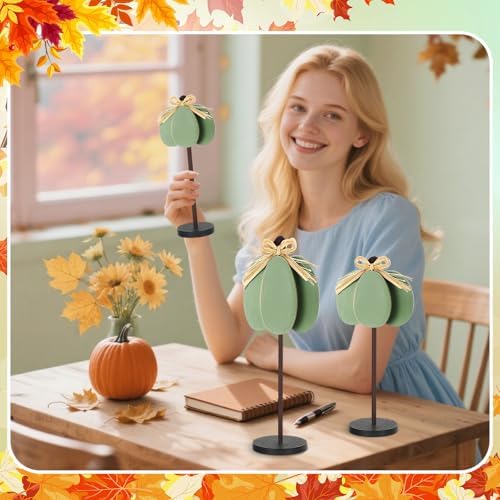 Thyle 3 Pcs Fall Pumpkin Decor, Wooden, Pale Green