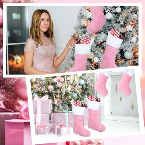 12 Pcs Christmas Stocking 18" Plush,Pink and White