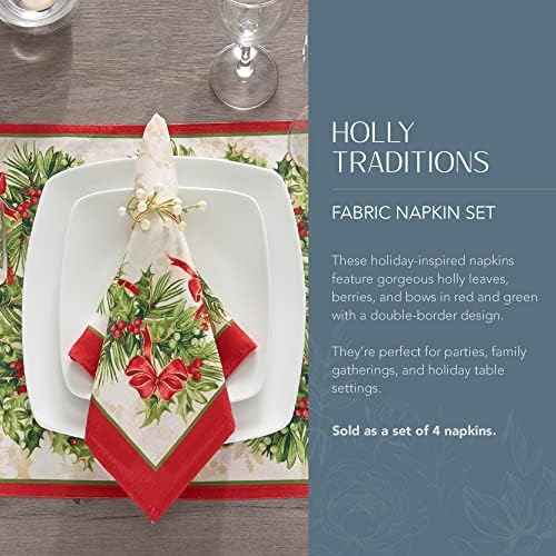 Elrene Home Fashions Holly Traditions Fabric Bordered Napkins, 17 Inches x 17 Inches, Set of 4