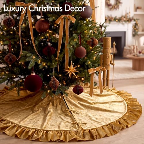Velvet Christmas Tree Skirt, 60 Inches, Bow Style, Gold