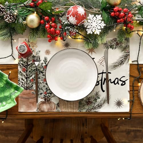 Artoid Mode Xmas Trees Holly Pine Cone Merry Christmas Placemats Set of 6, 12x18 Inch Seasonal Winter Holiday Table Mats for Party Kitchen Dining Decoration