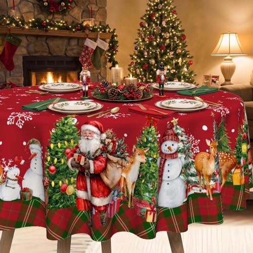 Christmas Tablecloth 70 Inch, Santa Claus & Snowman Water Resistant Round Table Cover, Farmhouse Winter Holiday Table Decor for Xmas Dinner Party Kitchen Home