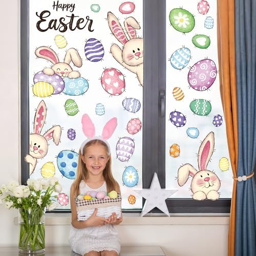 37 PCS Easter Decor, 4 Sheets Easter Window Clings, 9.84 x 13.78 Inch Spring Decorations with Bunnies Eggs Designs, Double-Sided Bunny Stickers for Window Glass Home Office Spring Party Decor