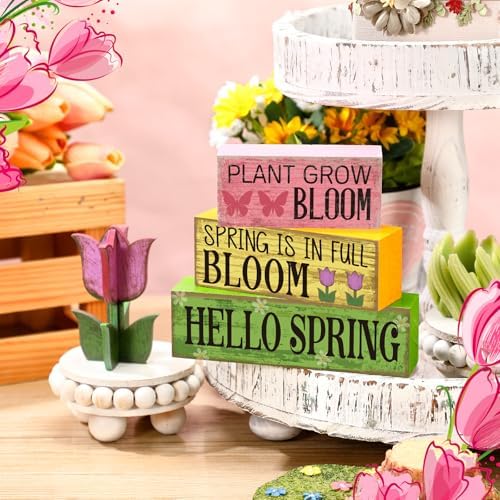 Moucuny 4 Pcs Spring Wood Block Signs Tiered Tray Decor Farmhouse Table
