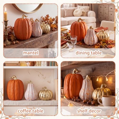VioraWhite 3 Pack Fall Pumpkin Decor White and Gold Resin Pumpkin Statues