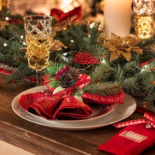12 Pcs Christmas Napkin Rings Set, Xmas Pine Cones Poinsettia Wooden Napkin Ring Holders,Handmade Rustic Style Napkin Decoration for Christmas Banquet Dinner Wedding Birthday Table Decor