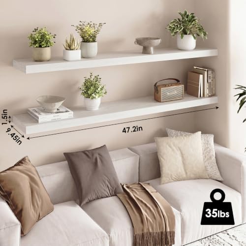 Fixwal Floating Wall Shelves for Decor (White, Set of 2, 47.2Inch)