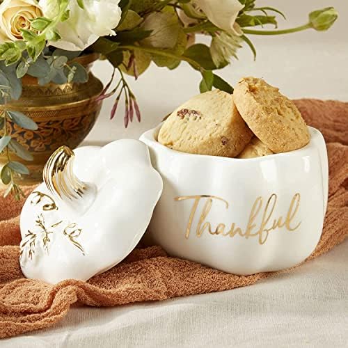 Kate Aspen Thankful White Pumpkin Bowl - Ceramic Decorative Pumpkin Decor Candy Dish With Lid, Fall Candy Dish, Thanksgiving Bowl, Fall Decorations for Home, Kitchen Decor, Thanksgiving Decorations