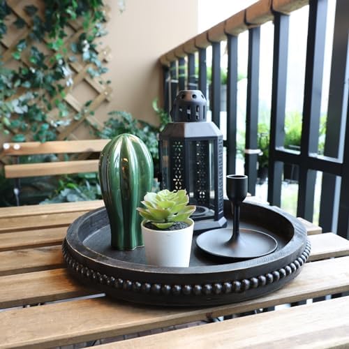 Hrastany Round Wooden Serving Tray with Beads, Circle Vintage Black Wood Coffe Table Tray for Dining Room Table Centerpiece, Kitchen Counter