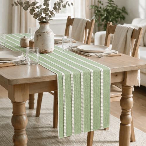 Artoid Mode Sage Green Farmhouse Dashed Stripe Table Runner, Seasonal Holiday Spring Boho Rustic Kitchen Dining Table Decoration for Home Party Decor 12x90 Inch