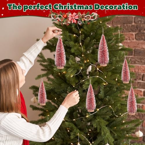 12 Pcs Mini Christmas Tree, Tabletop Christmas Tree with Wooden Bases Artificial Mini Tree with 3 Sizes Christmas Table Decor Bottle Brush Trees for Christmas Decorations (Red)