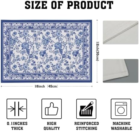 Blue Floral Placemats Set of 4 18x12 Inch Chinoiserie Blue and White Linen Place Mats Heat-Resistant Washable Wipeable French Toile Table Mat for Party Kitchen Dining Room Dinner Table Decor