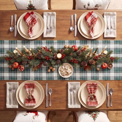 Softalker Christmas Checkered Table Runner, Green and White, 13 x 48 Inch