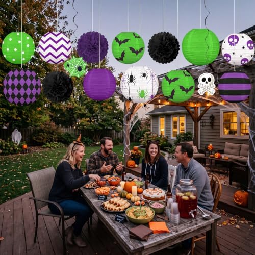 ‎Renbuzhu 15PCS Halloween Decorations Paper Lanterns Green Purple Set