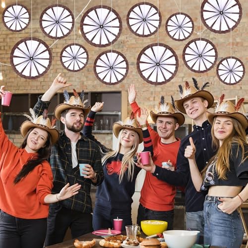 BestoFun 12PCS Western Cowboy Party Decorations Set - Paper Fans, Wagon Wheels & Straw Hay Bales Hanging Ceiling Wall Decor for Ranch Birthday Baby Shower Theme