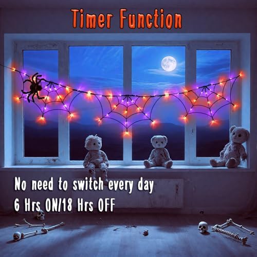 Halloween Decorations Spider Web Lights 6FT 60LED Battery Operated/USB Powered with Black Spider with Timer 8 Modes Indoor Outdoor for Halloween Decor, Orange&Purple