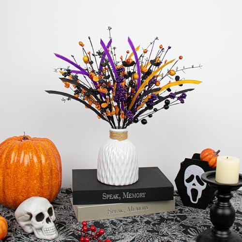 Yawwind 6 PCs Halloween Flowers Artificial 17 Inches Black Halloween Stems with Berry Branch Gothic Floral Picks for Vase Flower Arrangement Home Party Thanksgiving Harvest Decor