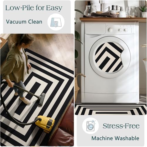 Front Door Mat Indoor Entrance 2x4.3 Modern Black White Striped Rug