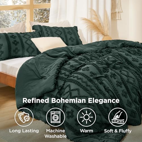 Bedsure Tufted Boho Comforter Set Twin Size - Dark Green Boho Bed Set, GentleSoft™ 2 Pieces Farmhouse-Style Embroidery