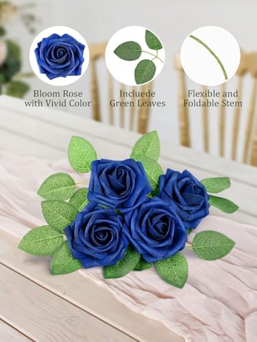 30PCS Royal Blue Artificial Roses with Stems, Real Touch Foam Flowers