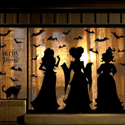 Halloween Window Clings Decor Decorations: Extra Large Hocus-Pocus Witchs Black Cat Bat Silhouette Window Decals, Halloween Window Stickers Indoor, School Home Office Party 3 Sheets