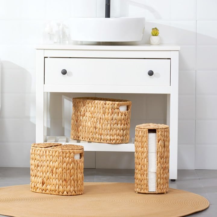 Toilet Paper Basket with Lid, Water Hyacinth Wicker Toilet Paper Storage Holder for 4 Rolls, Toilet Paper Storage for
