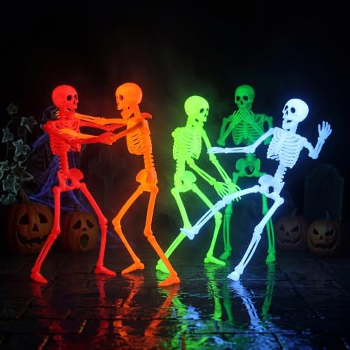 JOYIN 5 PCS 16" Blacklight Reactive Halloween Skeleton, Small Skeleton Decor, Full Body Posable Joint Hanging Skeleton for Halloween Decoration, Graveyard Prop, Haunted House, Spooky Scene Party Favor