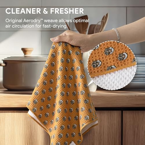 RECYCO Waffle Kitchen Towel Set of 2 - Quick Dry Microfiber Sustainable Dish Towels - Ultra Absorbent Reusable Cleaning Tea Towels - Lightweight Hand Towels,16”x 28”, Amber Flora