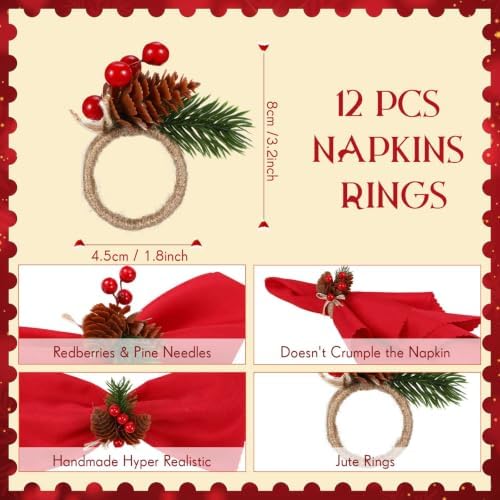LemonRoad 36 Pcs Cloth Napkins and Napkin Ring Holders, Reusable Fabric for Table Decor Banquet Holiday Dinner Party Supply(Red, Dark Green,White,Christmas)