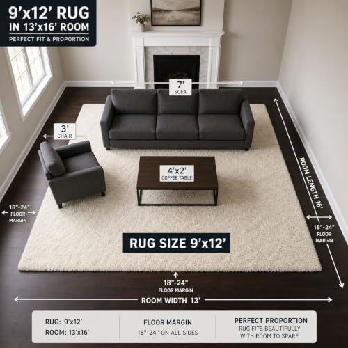 Ophanie Area Rugs 9x12 Living Room, Large Ivory Bedroom Carpet, Big Shag Indoor Thick Soft Nursery Rug, Fluffy Carpets