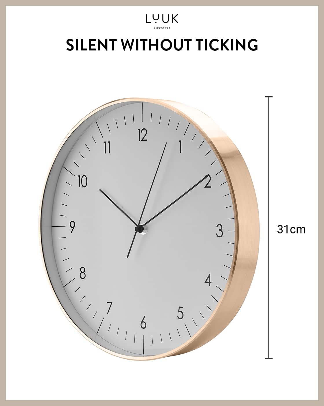 Modern Silent Quartz Wall Clock, 12in, White & Gold | Minimalist & Retro, for Living Room, Bedroom, Kitchen, Foyer