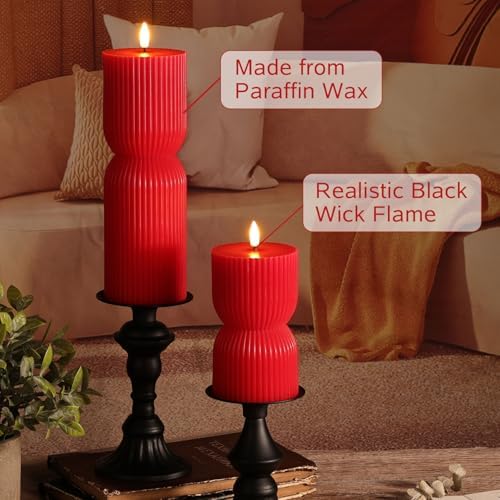 Red Ribbed Flameless Pillar Candles with Remote Set of 2