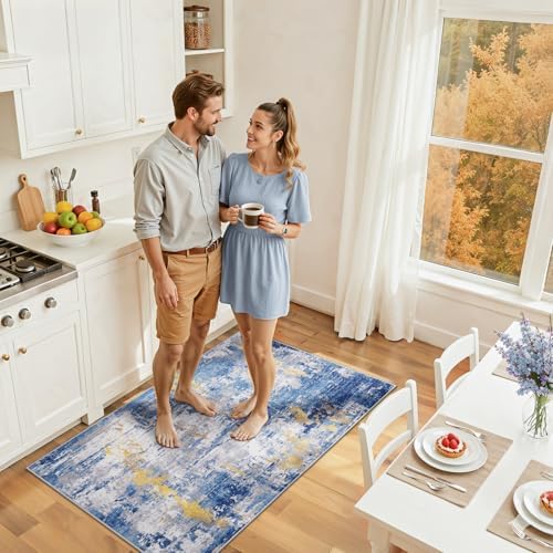 RELEANY Washable 3'x5' Abstract Area Rug for Living Room Blue Gold