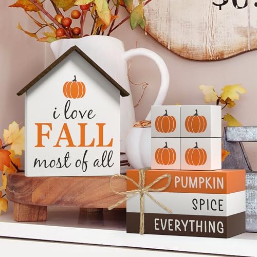 Fall Decorations Pumpkin Faux Books, 8 Pcs Fall Tiered Tray Decor Book Stack Wooden Signs, Farmhouse Rustic Wooden Decor for Home Kitchen Office Table
