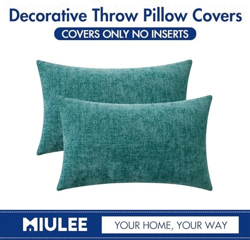 MIULEE Soft Chenille Lumbar Throw Pillow Covers Teal 12x20 Inch Pack of 2