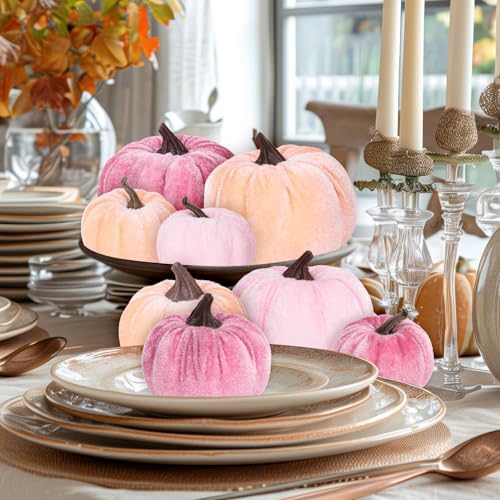 Whaline 12Pcs Fall Artificial Pumpkins Blush Coral Pink Peach Pink Fake Velvet Pumpkins 3 Sizes Autumn Foam Pumpkin Table Centerpiece for Fall Baby Shower Thanksgiving Halloween Party Decoration