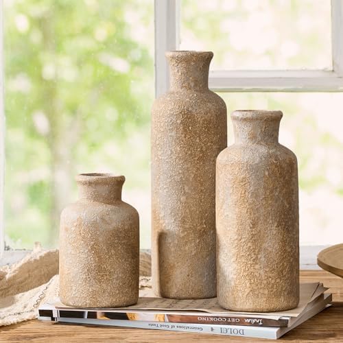 Ceramic Rustic Farmhouse Vase / Imitation Wood Color / Set of 3