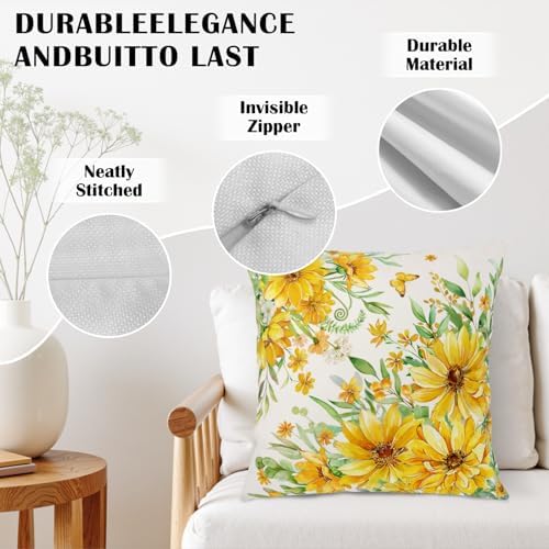 Summer Daisy Pillow Covers 18x18 Set of 2 Yellow Flowers Sunflower Decorative Throw Pillows Seasonal Spring Floral Green Leaf Outdoor Cushion Case for Home Couch Sofa Decor