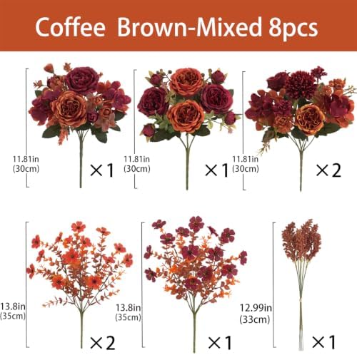 Mixed 8pcs Fall Artificial Peony Hydrangea Bouquet, Coffee Brown Silk Faux Flower, Autumn Faux Floral Arrangements for Wedding Table Thanksgiving Outdoor Planters Porch Patio Garden Yard