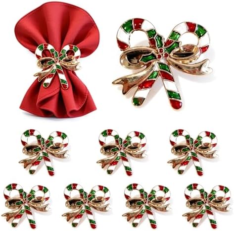 Alloy Candy Cane Bow Napkin Rings (8-Set Pack) - Dinner Napkin Holder & Festive Tabletop Topper for Holiday Table Decor