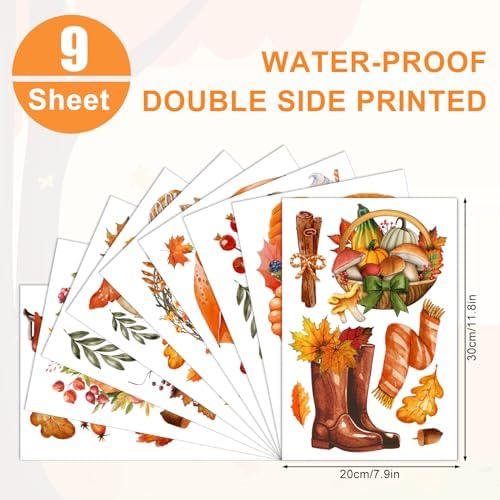 Whaline Fall Thanksgiving Window Clings Maple Leaves Pumpkin Umbrella Truck Gnome Window Decals Hello Autumn Double-Side Glass Decals for Home Party Decoration, 7.9 x 11.8 Inch, 9 Sheet