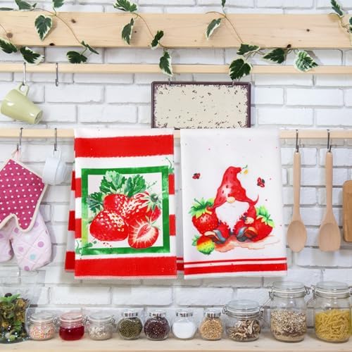 Sratte 6 Pcs Strawberry Kitchen Towels Gnome Summer Hand Towel, 24x16 Inch